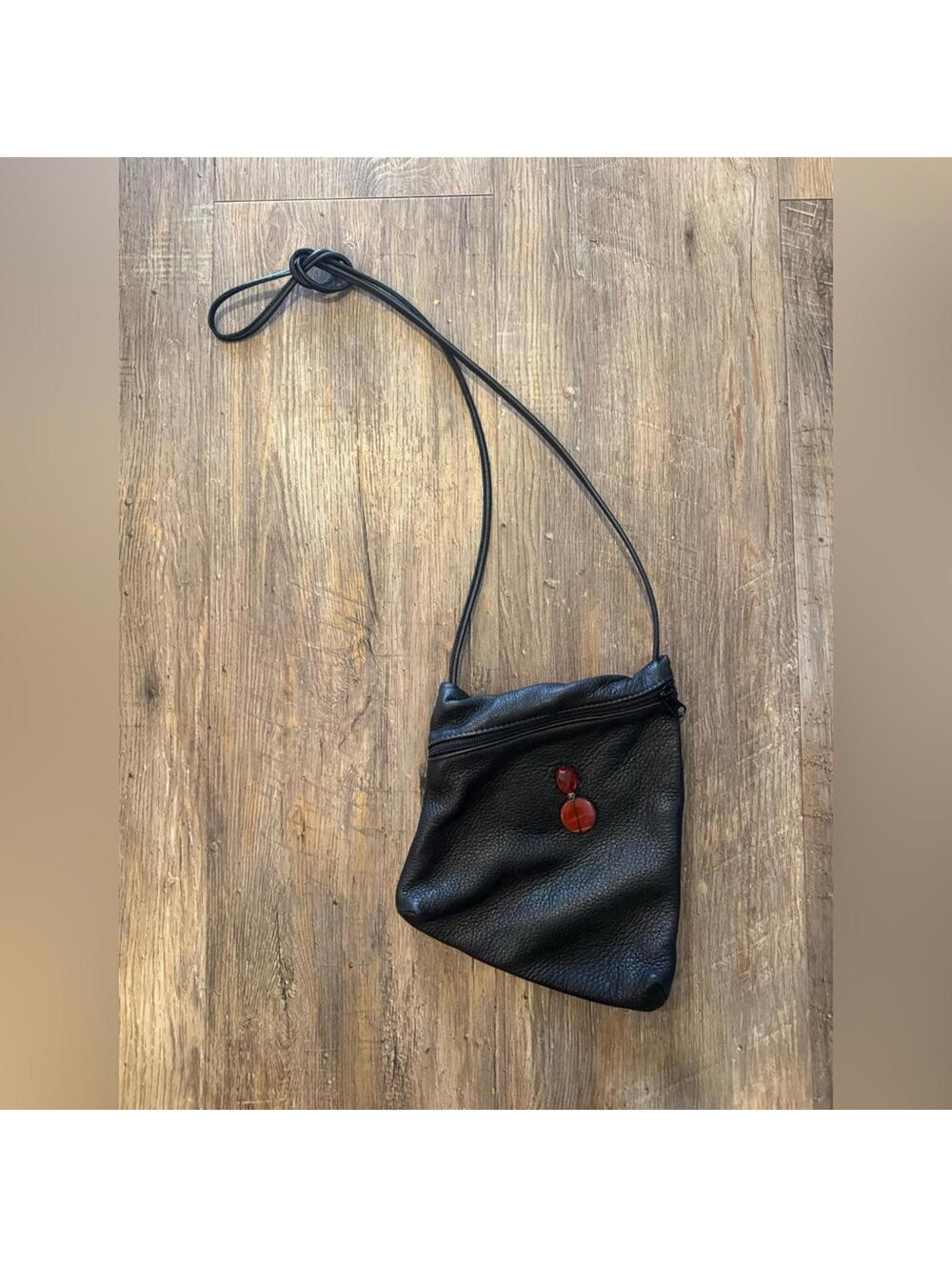 Erda Black Soft Leather Crossbody Purse with Red Stone Accent EUC